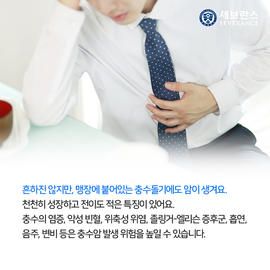 흔하진 않지만, 맹장에 붙어있는 충수돌기에도 암이 생겨요. 천천히 성장하고 전이도 적은 특징이 있어요. 충수의 염증, 악성 빈혈, 위축성 위염, 졸링거-엘리슨 증후군, 흡연, 음주, 변비 등은 충수암 발생 위험을 높일 수 있습니다.